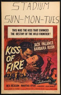 5h278 KISS OF FIRE WC 1955 romantic art of Jack Palance as El Tigre & sexy Barbara Rush!
