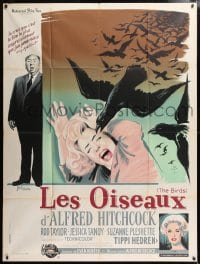 5j137 BIRDS French 1p 1963 different Grinsson art with Tandy, Tippi Hedren & Alfred Hitchcock