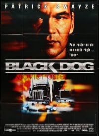5j140 BLACK DOG French 1p 1998 fiery action image of Patrick Swayze as truck driver w/big rigs!
