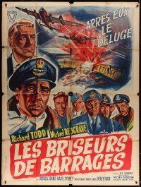 5j256 DAM BUSTERS French 1p R1960s art of Michael Redgrave & Richard Todd in World War II!