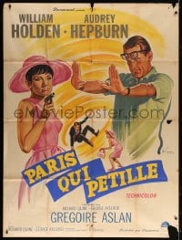 5j684 PARIS WHEN IT SIZZLES French 1p 1964 Grinsson art of Audrey Hepburn & William Holden, rare!