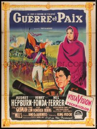5j945 WAR & PEACE style B French 1p 1956 different art of Hepburn, Fonda & Ferrer by Grinsson!
