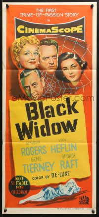 5k405 BLACK WIDOW Aust daybill 1954 art of Ginger Rogers, Tierney, Van Heflin & Raft!
