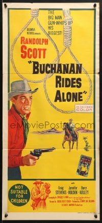 5k423 BUCHANAN RIDES ALONE Aust daybill 1958 big man Randolph Scott has a big gun, Budd Boetticher!