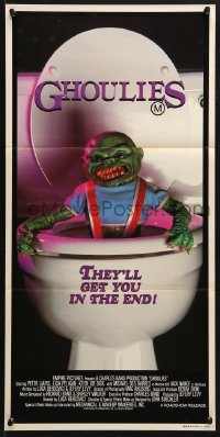5k580 GHOULIES Aust daybill 1985 wacky horror image of goblin in toilet, they'll get you in the end