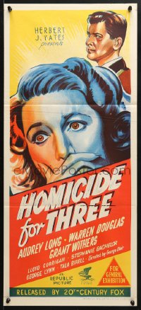 5k625 HOMICIDE FOR THREE Aust daybill 1948 cool artwork of terrified Audrey Long, ultra-rare!
