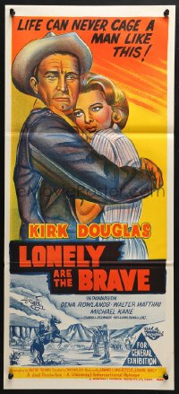 5k705 LONELY ARE THE BRAVE Aust daybill 1962 Kirk Douglas classic, life can never cage him!