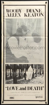 5k711 LOVE & DEATH Aust daybill 1975 Woody Allen & Diane Keaton romantic kiss close up!