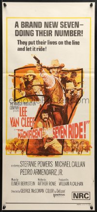 5k722 MAGNIFICENT SEVEN RIDE Aust daybill 1972 art of cowboy Lee Van Cleef firing six-shooter!