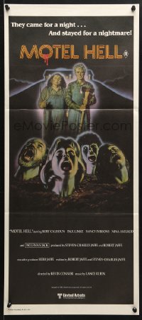 5k759 MOTEL HELL Aust daybill 1980 wild horror art, they came for a night, stayed for a nightmare!