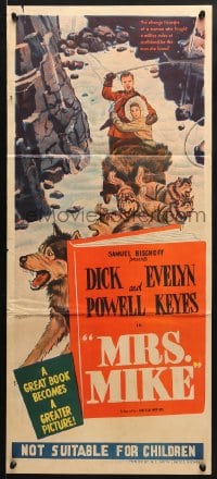 5k766 MRS. MIKE Aust daybill 1950 art of Evelyn Keyes & Mountie Dick Powell on dogsled!