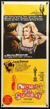 5k775 NEVER ON SUNDAY Aust daybill 1960 Jules Dassin's Pote tin Kyriaki, art of Melina Mercouri!