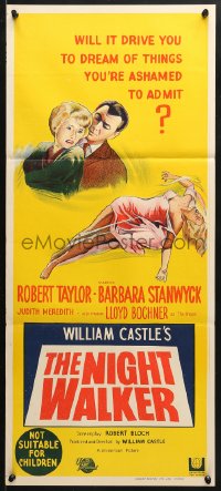 5k780 NIGHT WALKER Aust daybill 1965 William Castle, art of Taylor, Stanwyck & near-naked girl!
