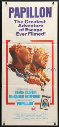 5k797 PAPILLON Aust daybill 1973 art of prisoners Steve McQueen & Dustin Hoffman by Tom Jung!
