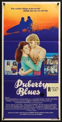 5k823 PUBERTY BLUES Aust daybill 1983 Bruce Beresford, Nell Schofeld, cool surfer silhouette art!