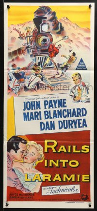 5k830 RAILS INTO LARAMIE Aust daybill 1954 art of John Payne & Mari Blanchard!