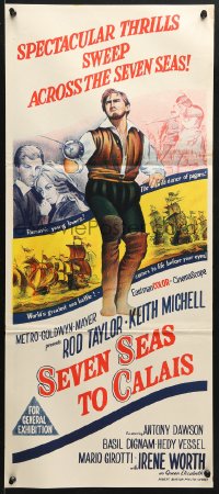 5k864 SEVEN SEAS TO CALAIS Aust daybill 1962 pirate Rod Taylor sweeps across the seven seas!