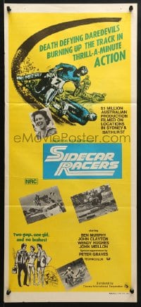 5k870 SIDECAR RACERS Aust daybill 1975 motorcycle racing from Down Under, 2 guys, 1 girl, no brakes