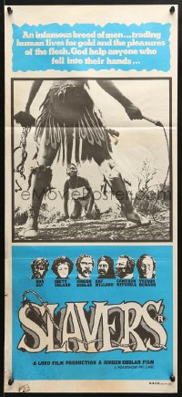 5k879 SLAVERS Aust daybill 1978 Ron Ely, Britt Ekland, cool image of native w/whip & chains!