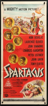 5k890 SPARTACUS Aust daybill 1961 classic Kubrick & Kirk Douglas epic, cool coin art!