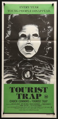 5k948 TOURIST TRAP Aust daybill 1979 Charles Band, wacky horror image of masked woman with camera!