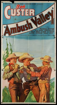 5p602 AMBUSH VALLEY 3sh 1936 art of Bob Custer fighting with two other cowboys!