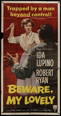 5p623 BEWARE MY LOVELY 3sh 1952 film noir, Ida Lupino trapped by a man beyond control!