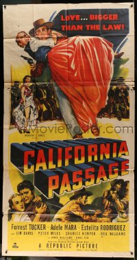 5p639 CALIFORNIA PASSAGE 3sh 1950 artwork of cowboy Forrest Tucker with gun carrying Adele Mara!