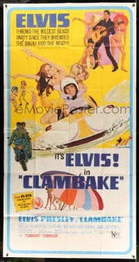 5p651 CLAMBAKE 3sh 1967 McGinnis art of Elvis Presley in speed boat with sexy babes, rock & roll!