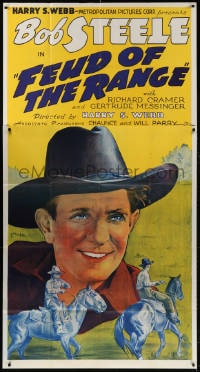 5p698 FEUD OF THE RANGE 3sh 1939 huge art headshot of smiling cowboy Bob Steele & riding horse!