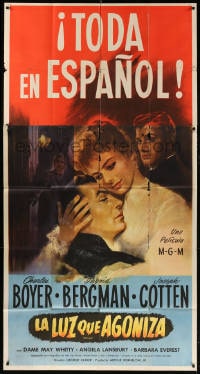 5p714 GASLIGHT Spanish/US 3sh 1944 art of Ingrid Bergman, Joseph Cotten & Charles Boyer!