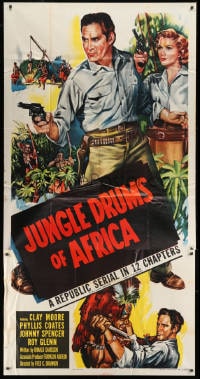 5p765 JUNGLE DRUMS OF AFRICA 3sh 1952 art of Clayton Moore w/gun & Phyllis Coates, Republic serial!