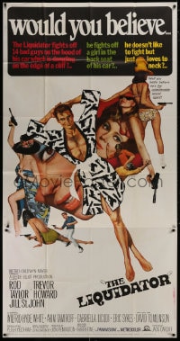 5p793 LIQUIDATOR 3sh 1966 cool artwork of Rod Taylor & sexy spy babes by Bob Peak!