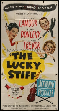 5p801 LUCKY STIFF 3sh 1948 wacky art of Dorothy Lamour, Brian Donlevy & Claire Trevor!