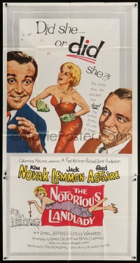 5p838 NOTORIOUS LANDLADY 3sh 1962 art of sexy Kim Novak between Jack Lemmon & Fred Astaire!