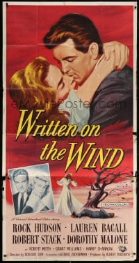 5p957 WRITTEN ON THE WIND 3sh 1956 Brown art of sexy Lauren Bacall with Rock Hudson & Robert Stack!