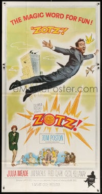 5p961 ZOTZ 3sh 1962 William Castle sci-fi comedy, artwork of Tom Poston flying with birds!