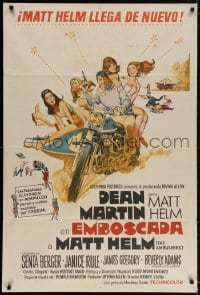 5p392 AMBUSHERS Argentinean 1967 art of Dean Martin as Matt Helm with sexy Slaygirls on motorcycle!