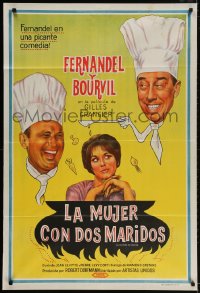 5p515 MY WIFE'S HUSBAND Argentinean 1963 wacky artwork of chefs Fernandel & Bourvil!