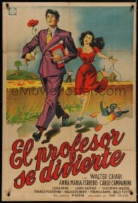 5p531 POPPY Argentinean 1952 wacky art of man with flower & pretty woman walking duck!