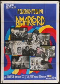 5p201 AMARCORD Italian 1p 1973 Federico Fellini classic comedy, colorful art + photo montage!