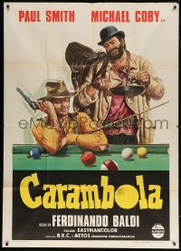 5p211 CARAMBOLA Italian 1p 1974 wonderful spaghetti western art of cowboys sitting at pool table!
