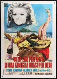 5p287 LES JAMBES EN L'AIR Italian 1p 1971 Picchioni art of naked man & woman fooling around, rare!