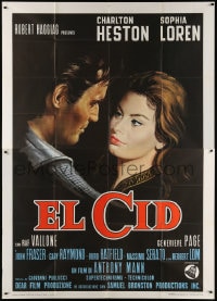 5p144 EL CID Italian 2p 1961 cool art of Charlton Heston & sexy Sophia Loren over black background!