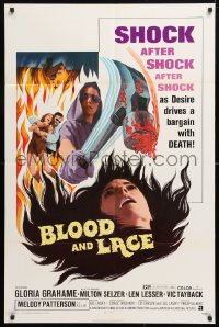 5r140 BLOOD & LACE 1sh 1971 AIP, gruesome horror image of wacky cultist w/bloody hammer!