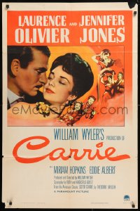 5r186 CARRIE 1sh 1952 romantic art of Laurence Olivier & Jennifer Jones, William Wyler!