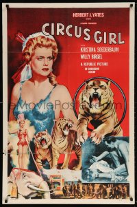 5r208 CIRCUS GIRL 1sh 1956 art of sexy Kristina Soederbaum w/circus tigers & elephants!