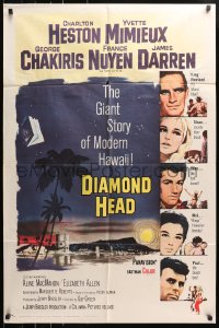 5r270 DIAMOND HEAD 1sh 1962 Charlton Heston, Yvette Mimieux, cool art of Hawaiian volcano!