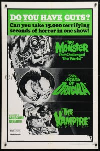 5r285 DO YOU HAVE GUTS 1sh 1971 monster & vampire triple-bill, 15,000 terrifying seconds of horror!