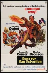 5r406 GUNS FOR SAN SEBASTIAN int'l 1sh 1968 Anthony Quinn, Charles Bronson, battle art by Thurston!